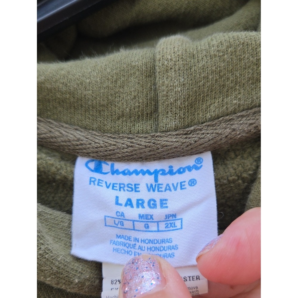 Champion‎ Reverse Weave Hoodie C Logo  Large Khaki Green Sporty Athletic Neutral - Picture 3 of 4